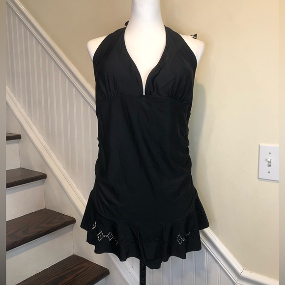 NICOLE MILLER Black Halter Neck Cut Out Skirted Black Swimsuit Sz 1X NWT - Picture 1 of 17